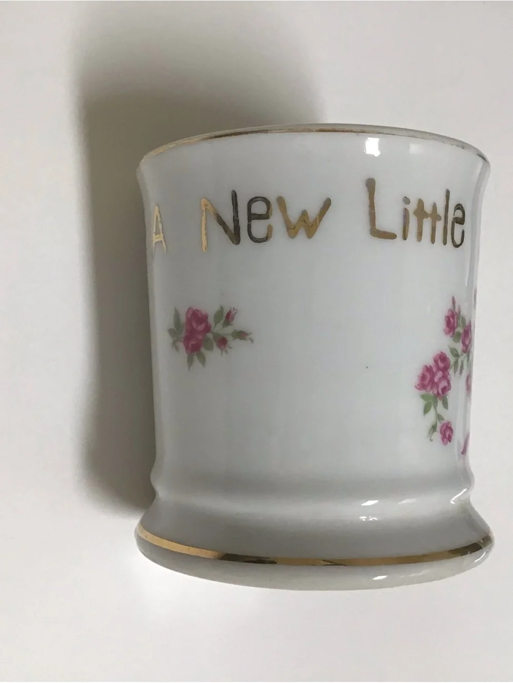Vintage Shaving Mug FOR A LITTLE SHAVER Girl’s White Pink Roses Bouquet Ribbons